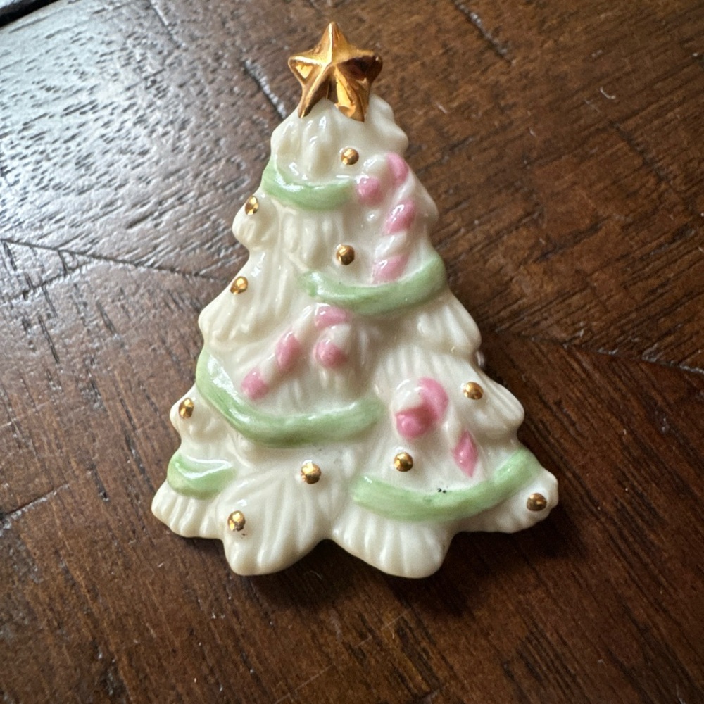 Lenox Christmas Tree Porcelain Gold Tone Trim Candy Canes Brooch Pin